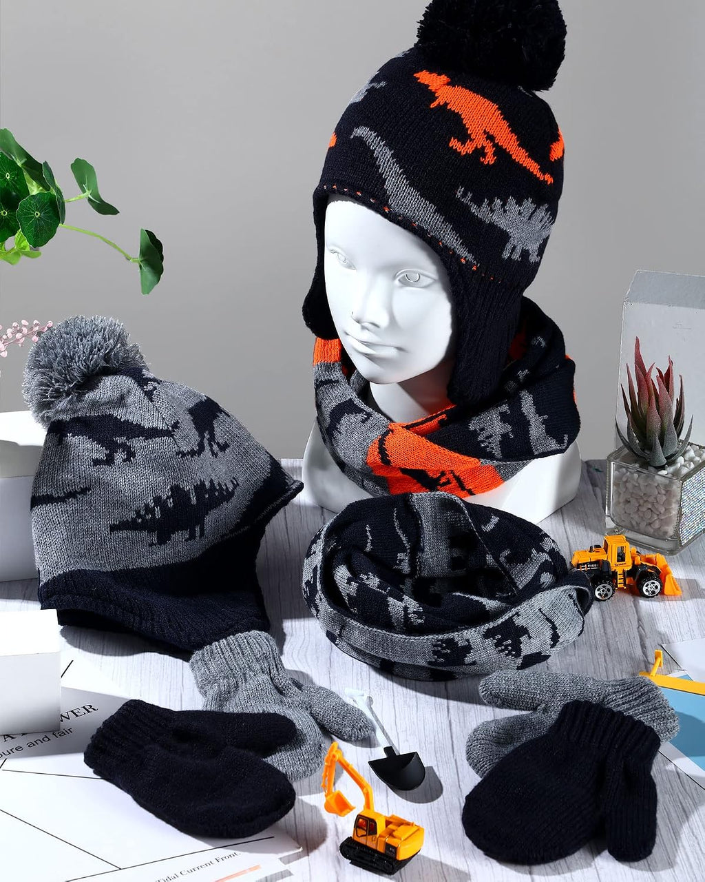Winter Toddler Boys Hat Dinosaur Warm Mittens Scarf Set Pompom Baby Beanie Knitted Baby Hat Scarf Gloves Earflaps