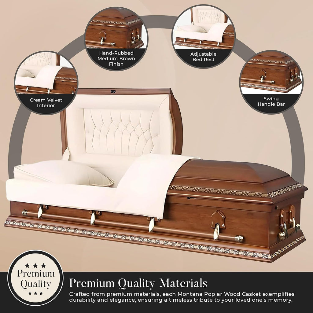 Montana Poplar Wood Casket with Cream Velvet Interior