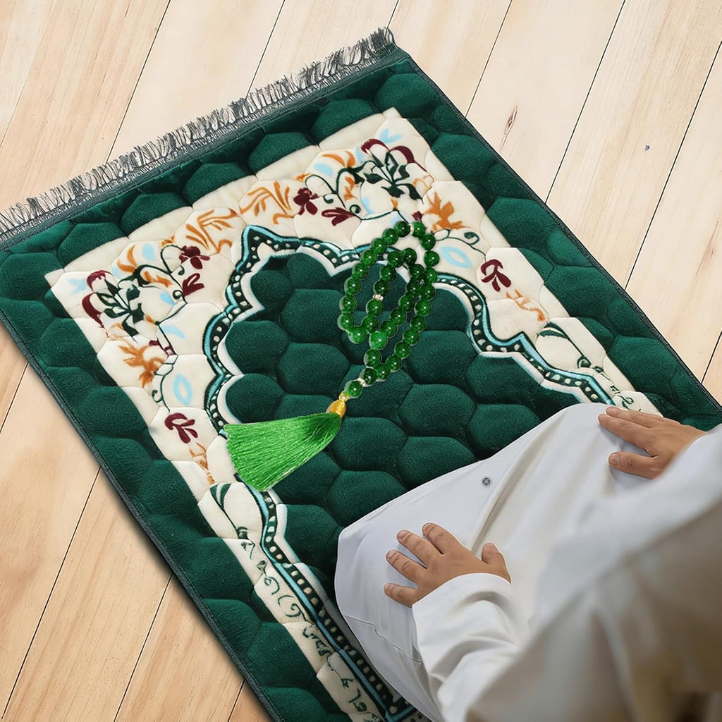 Premium Prayer Mat with Tasbih Prayer Beads-Large Soft Non-Slip Muslim Prayer Rug,Elegant Green Design for