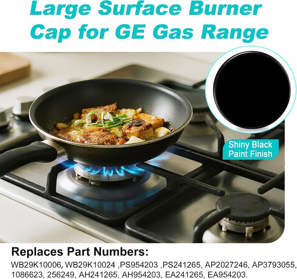 New Upgraded WB29K10006 WB29K10024 Range Surface Large Burner Cap Replacement for GE Gas Range/Stove/Oven/Cooktop,Shiny Black Surface,3.5 Inch Diameter(12K BTU)
