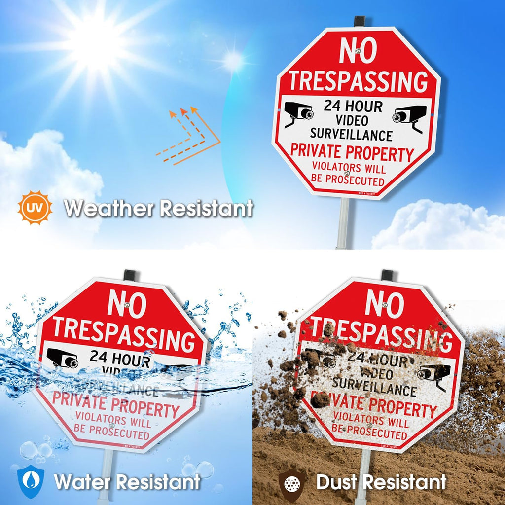Large No Trespassing Private Property Sign Video Surveillance Sign with 36" Stake for Outside - 2 Pack - 12"x12" .040
