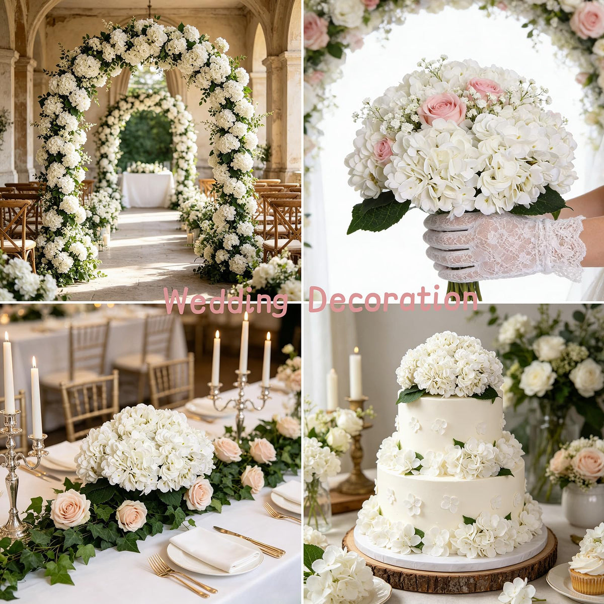 6pcs White Hydrangea Artificial Flowers Silk Fake Hydrangeas