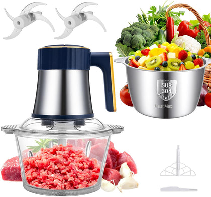 Small Food Processor, Electric Meat Grinder & Vegetable Chopper with 2 Bowls (8 Cup Stainless Steel + 8 Cup Glass)