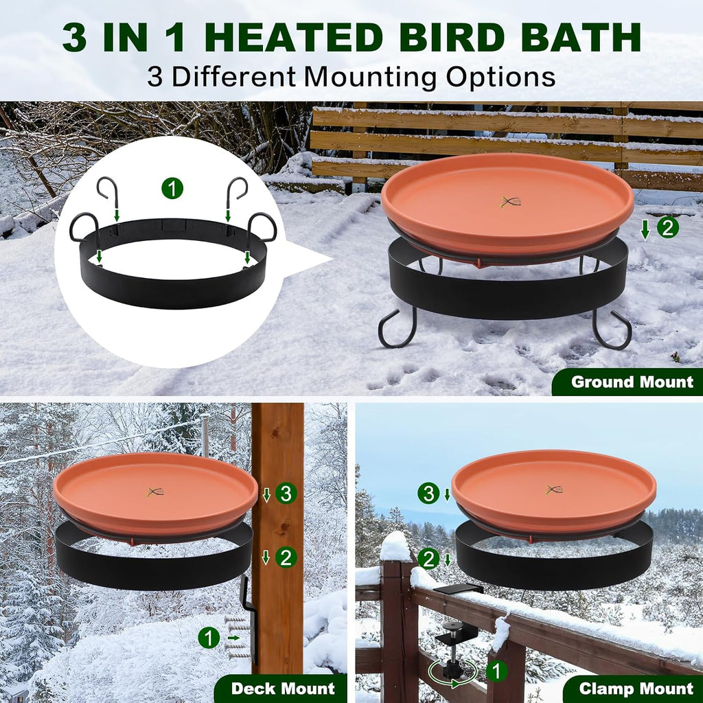 Heated Bird Bath for Outdoors for Winter, 3 Easy Ways to Mount Detachable Bird Bath Bowl, 75W Heated Bird Baths with