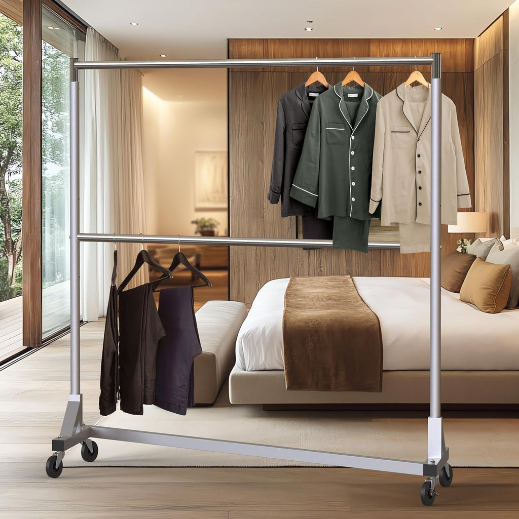 Commercial Grade Z-Base Double Rod Garment Rack, Silver | 600Lb Load with 63" Extra Long Bar, Adjustable Middle Bar
