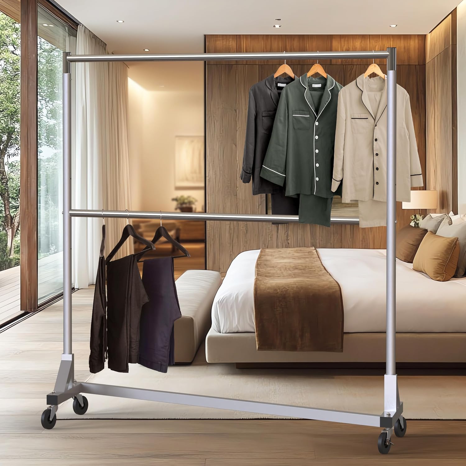 Commercial Grade Z-Base Double Rod Garment Rack, Silver | 600Lb Load with 63" Extra Long Bar, Adjustable Middle Bar