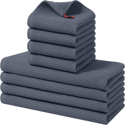 8 Pack 100% Cotton Kitchen Towels and Dishcloths Set, Dark Grey | 12 x 12 Inches and 13 x 28 Inches Kitchen Towels