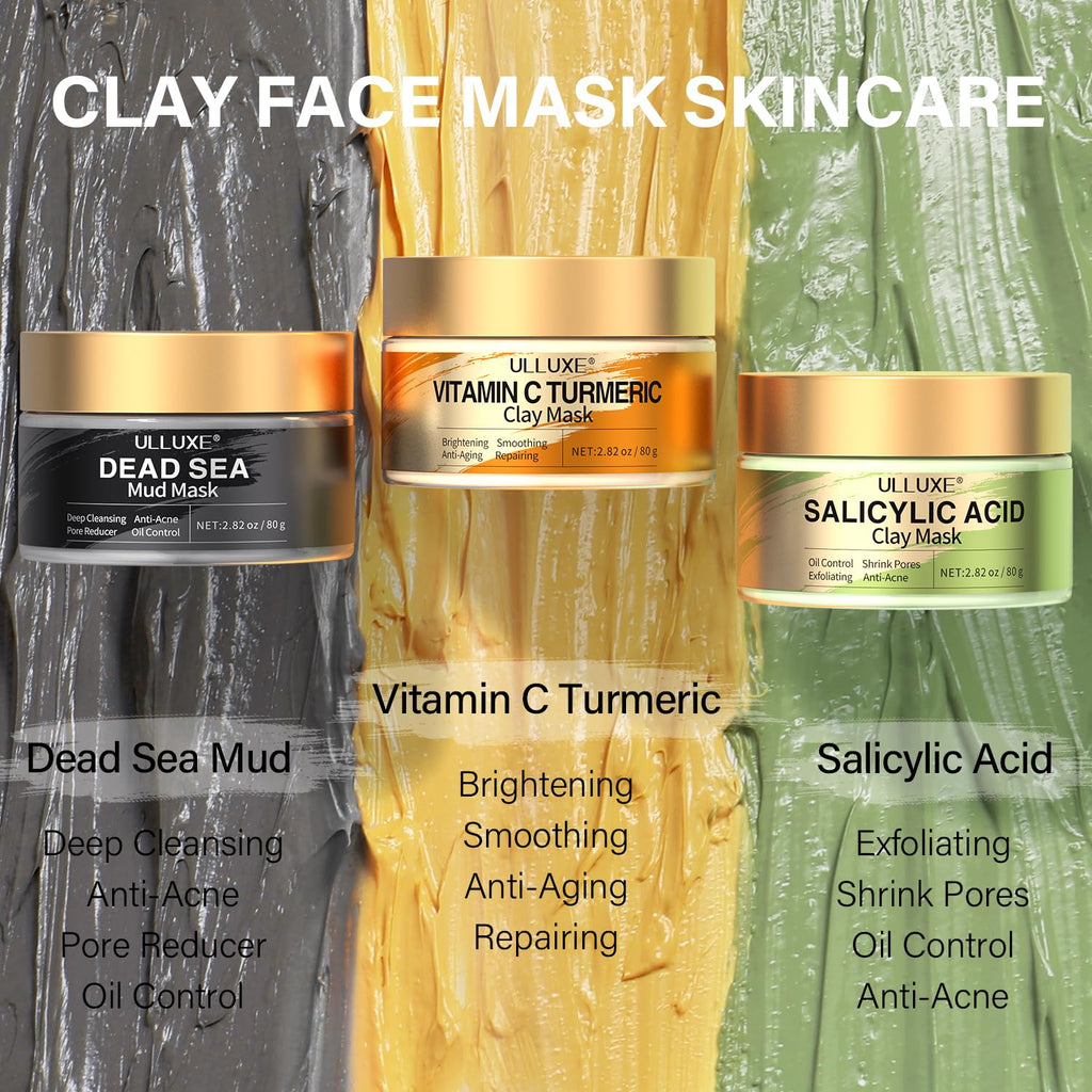 Facial Clay Mask Set - Vitamin C Turmeric Face Mask, Dead Sea Mud & Salicylic Acid (BHA) Mask for Pore Cleansing