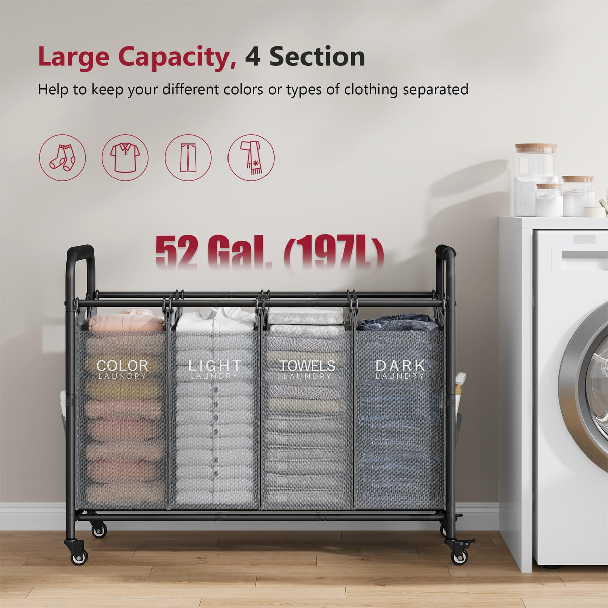 4 Bag Laundry Sorter Cart, Laundry Sorter 4 Sections, Grey