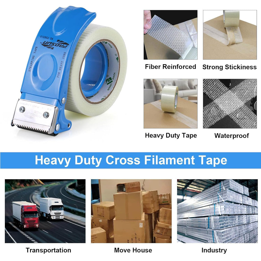 3Rolls Filament Strapping Tape 2Inch with Dispenser, Heavy Duty Fiberglass Reinforced Packing Tape for Shipping