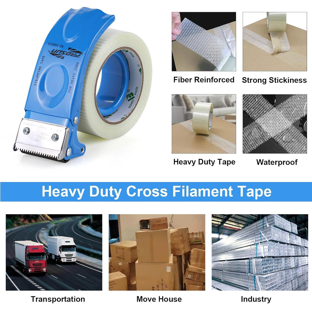 3Rolls Filament Strapping Tape 2Inch with Dispenser, Heavy Duty Fiberglass Reinforced Packing Tape for Shipping