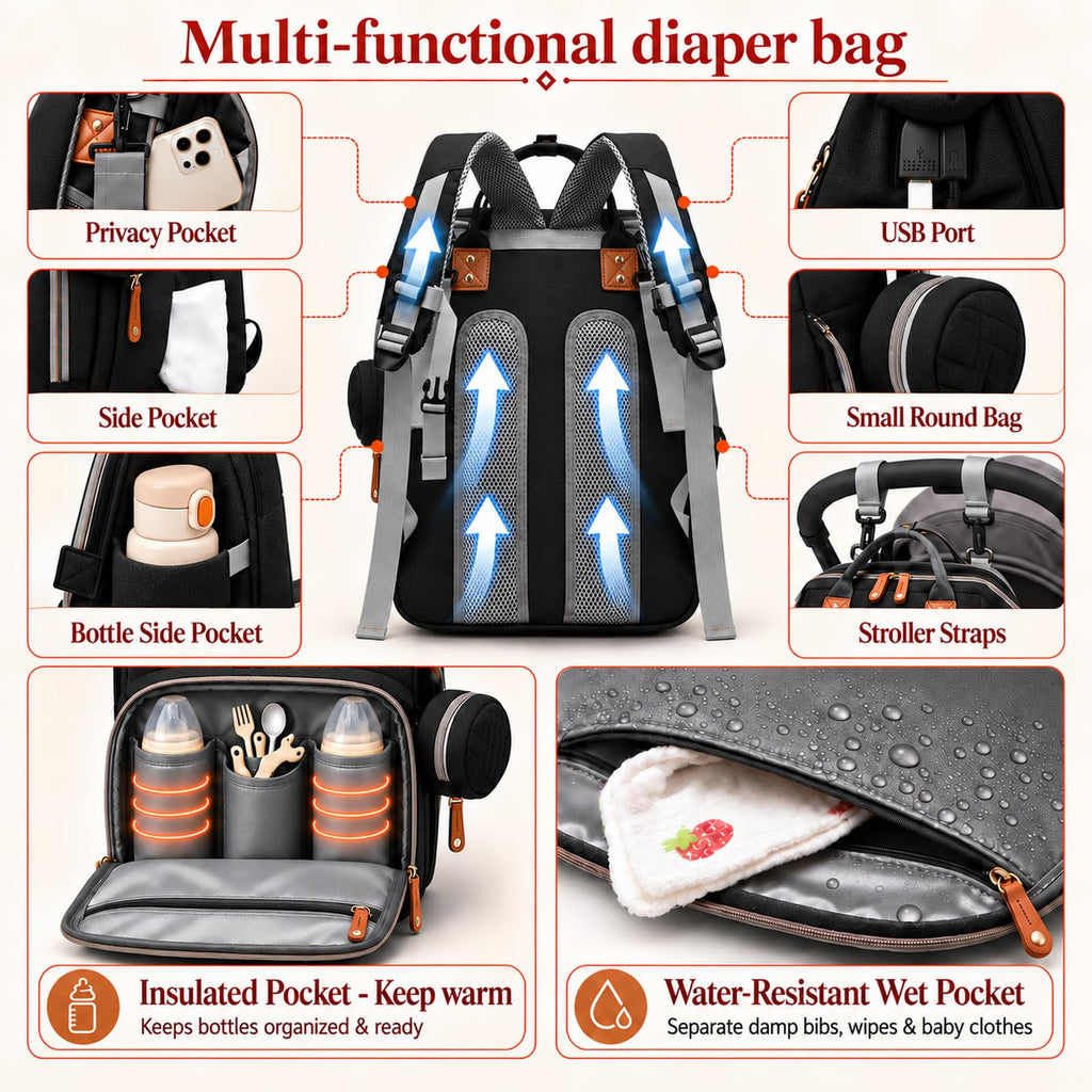 Diaper Bag Backpack with Changing Station, Large Waterproof Travel Baby Bag