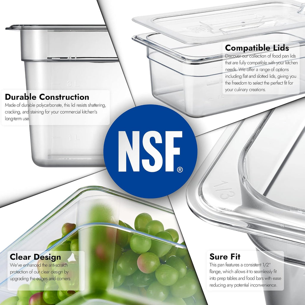 6-Pack 1/3 Size 4" Deep NSF Polycarbonate Food Pans | Dishwasher & Freezer Safe Clear Container for Prep Tables