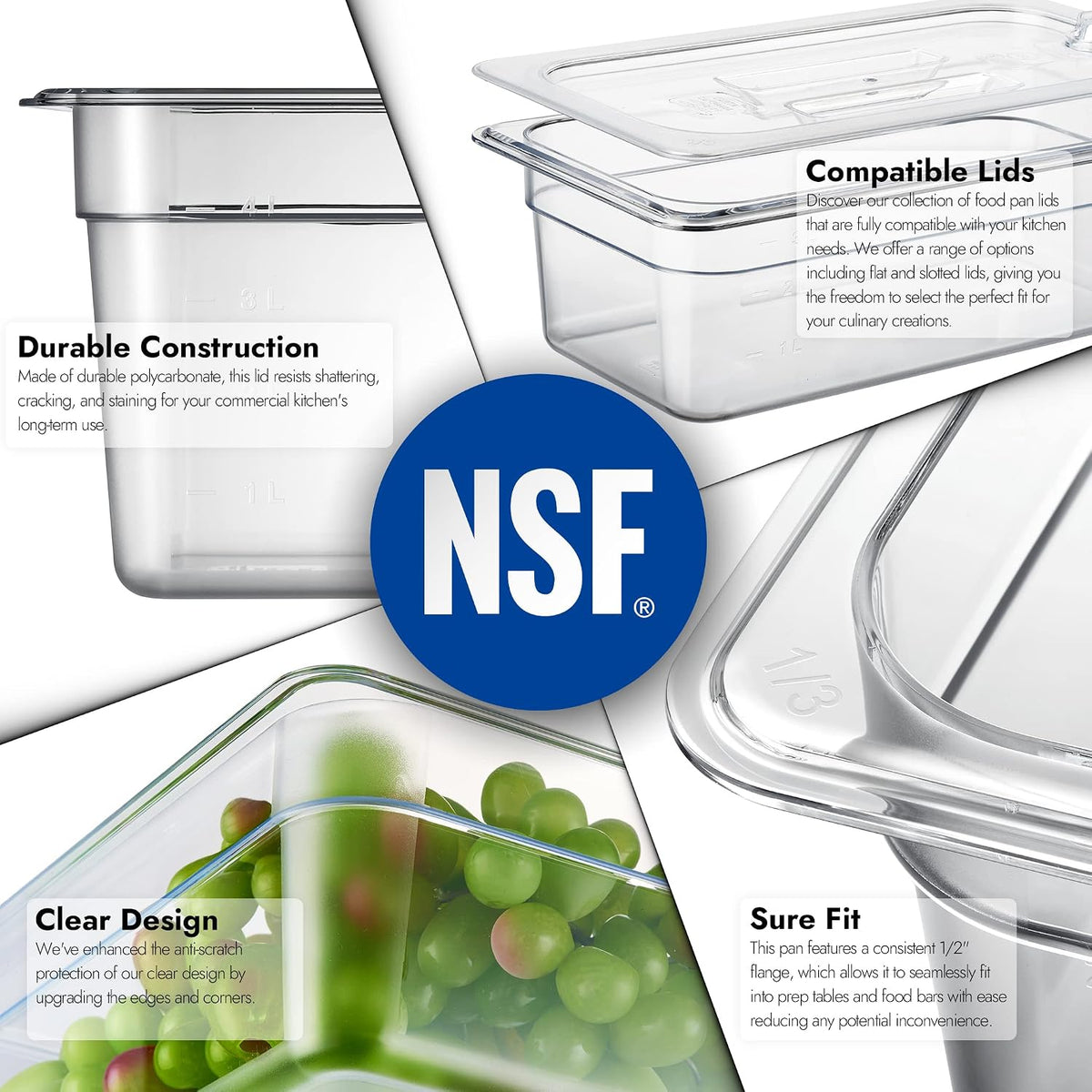 6-Pack 1/3 Size 4" Deep NSF Polycarbonate Food Pans | Dishwasher & Freezer Safe Clear Container for Prep Tables