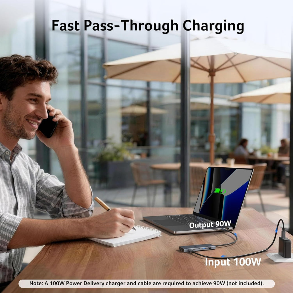 6-in-1 USB C Hub 10Gbps, USB C to HDMI Adapter 4K@60Hz, 2×USB-C 3.2, 1×USB A 3.2, 1×USB 2.0 Data Transfer, 100W PD