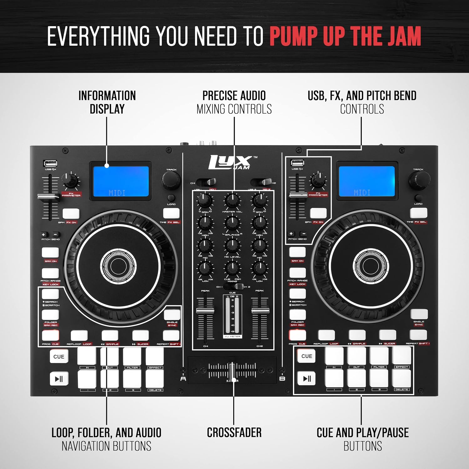 2-Deck Portable DJ Controller, Mixing Console with LCD Display | Manual Looping, USB, MIC Input, Record Output, 16