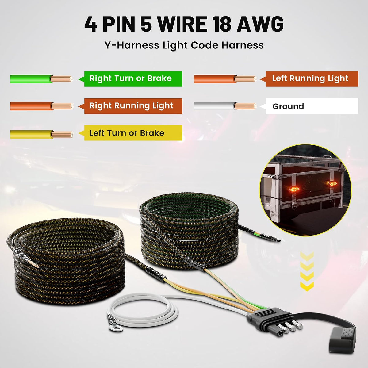 4 Pin 5 Wire Trailer Wiring Harness - 50FT for Rewiring Both-Side Taillights, Pure Copper Wish-Bond Trailer Light Kit