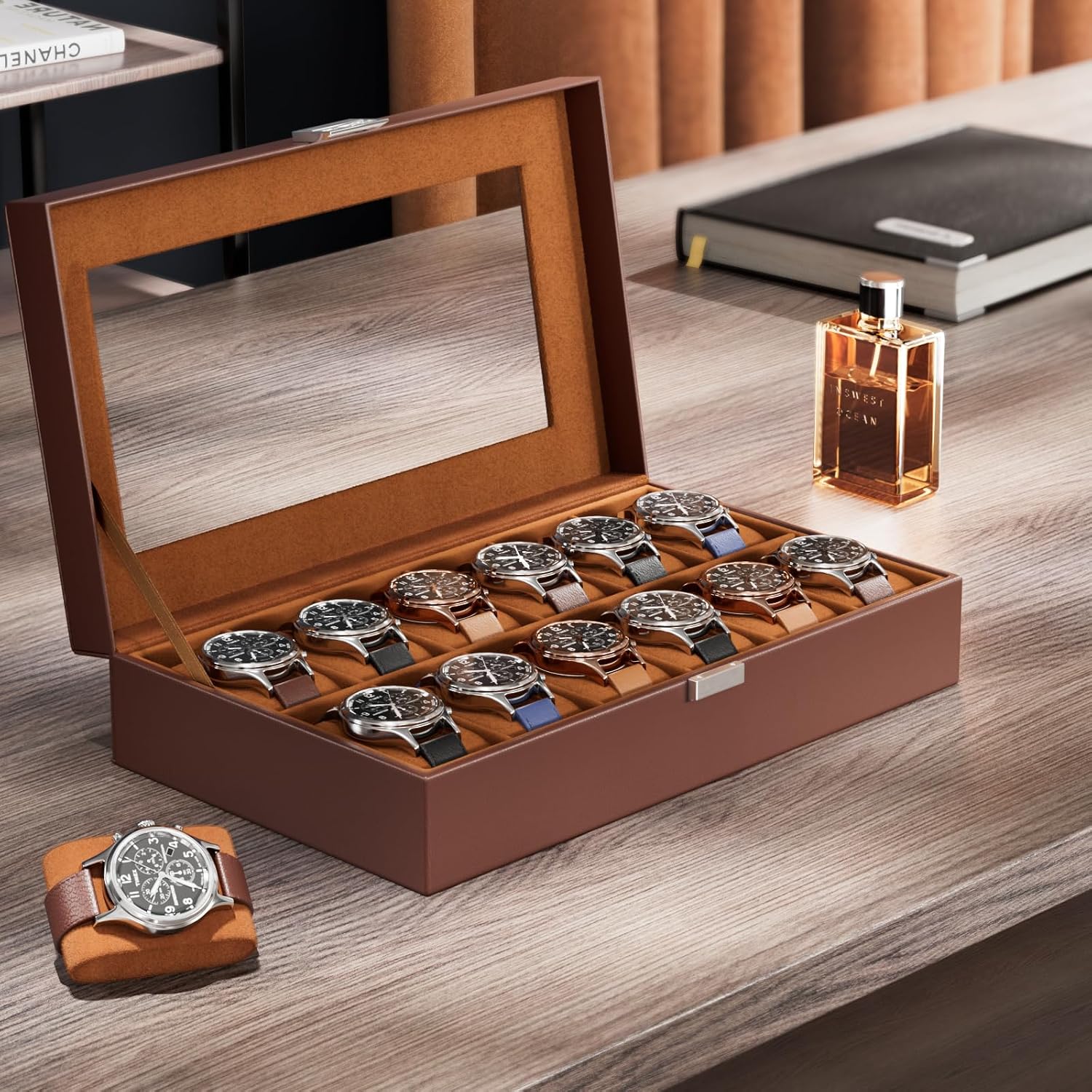 Watch Box Organizer, 12 Slot Watch Display Case, Brown | Watches Storage Boxes Holder for Men Women, Large Glass Lid