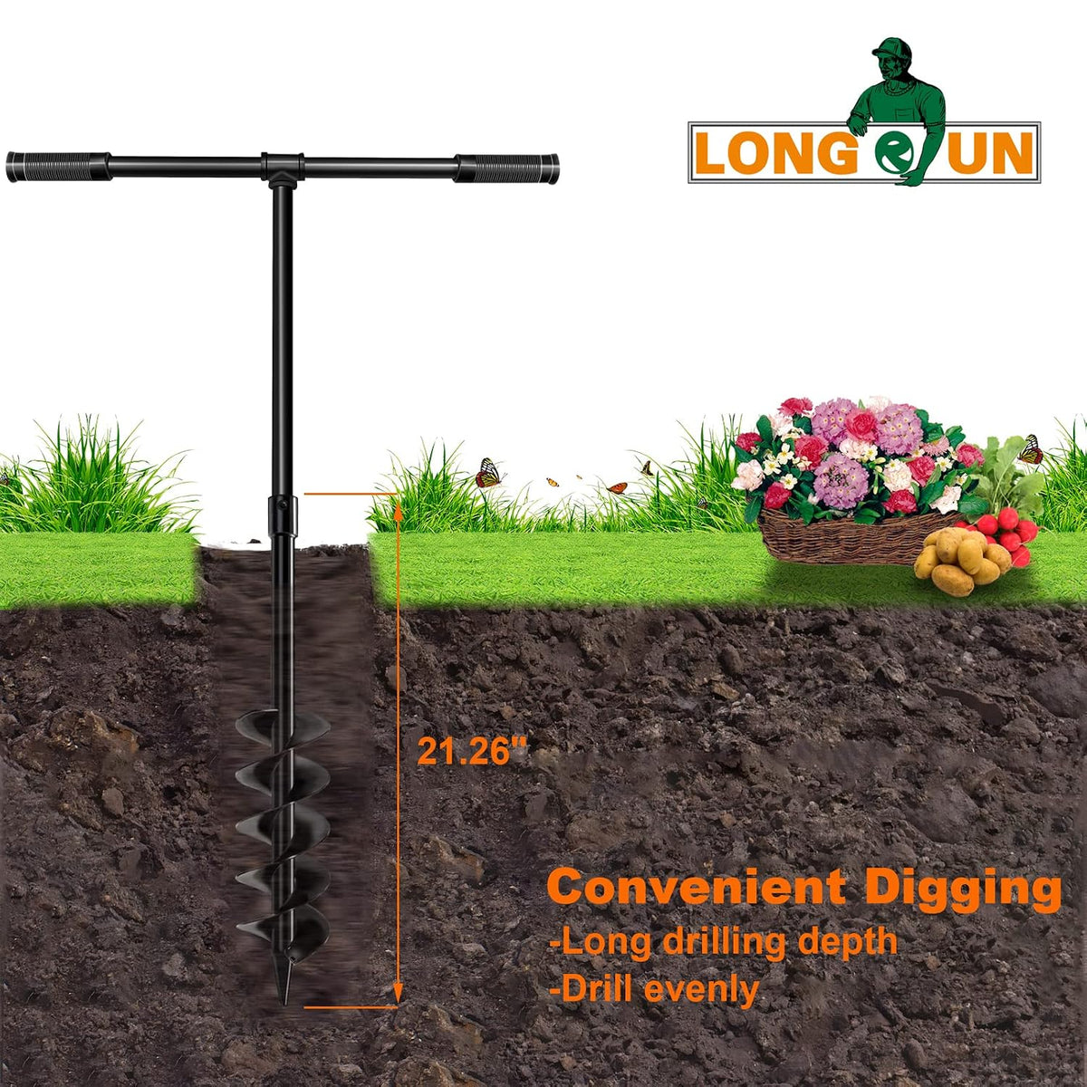 Hand Drill Auger Post Hole Digger, Manual Garden Hole Digging Drill Bit for Planting, Spiral Drill Planter for Bulb
