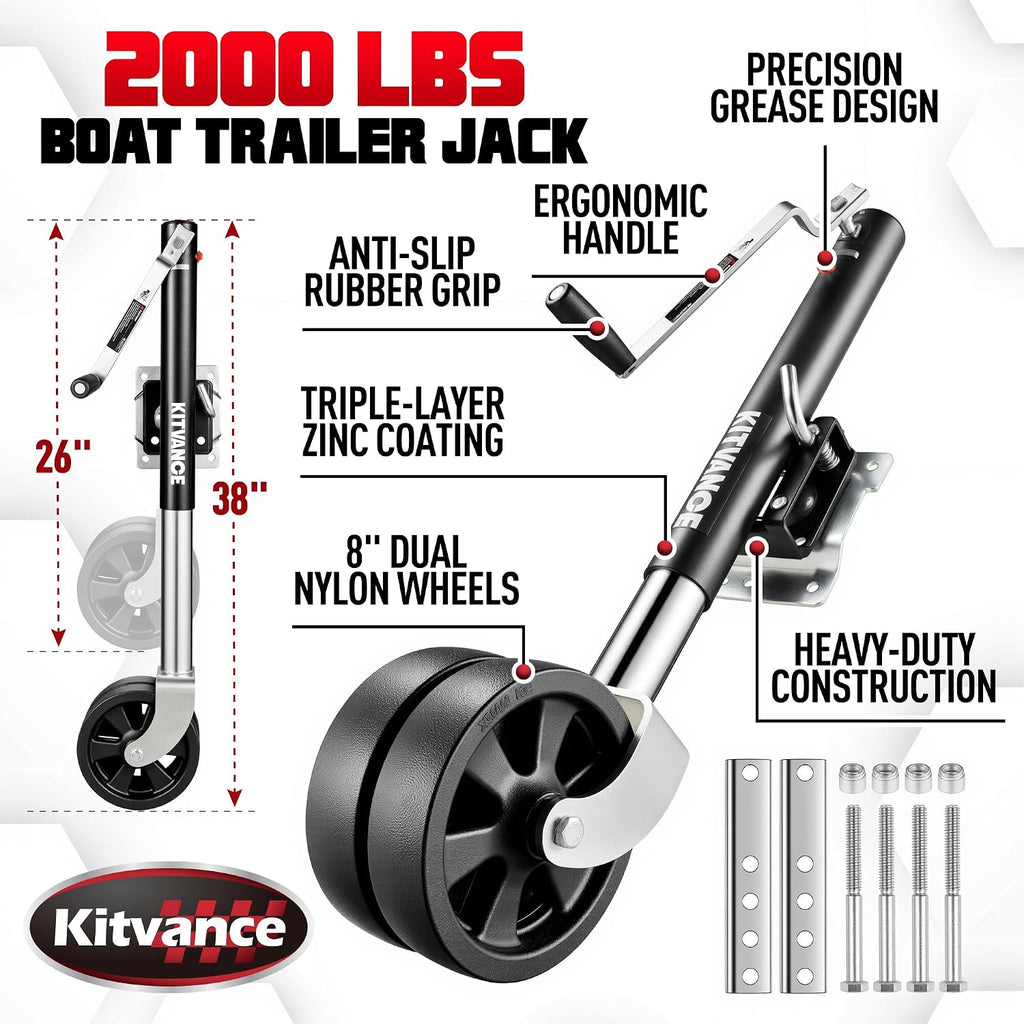 Upgraded 2000 lbs Boat Trailer Jack with 8" Dual Wheels- Heavy Duty Boat Trailer Tongue Jack with Improved Ergonomic