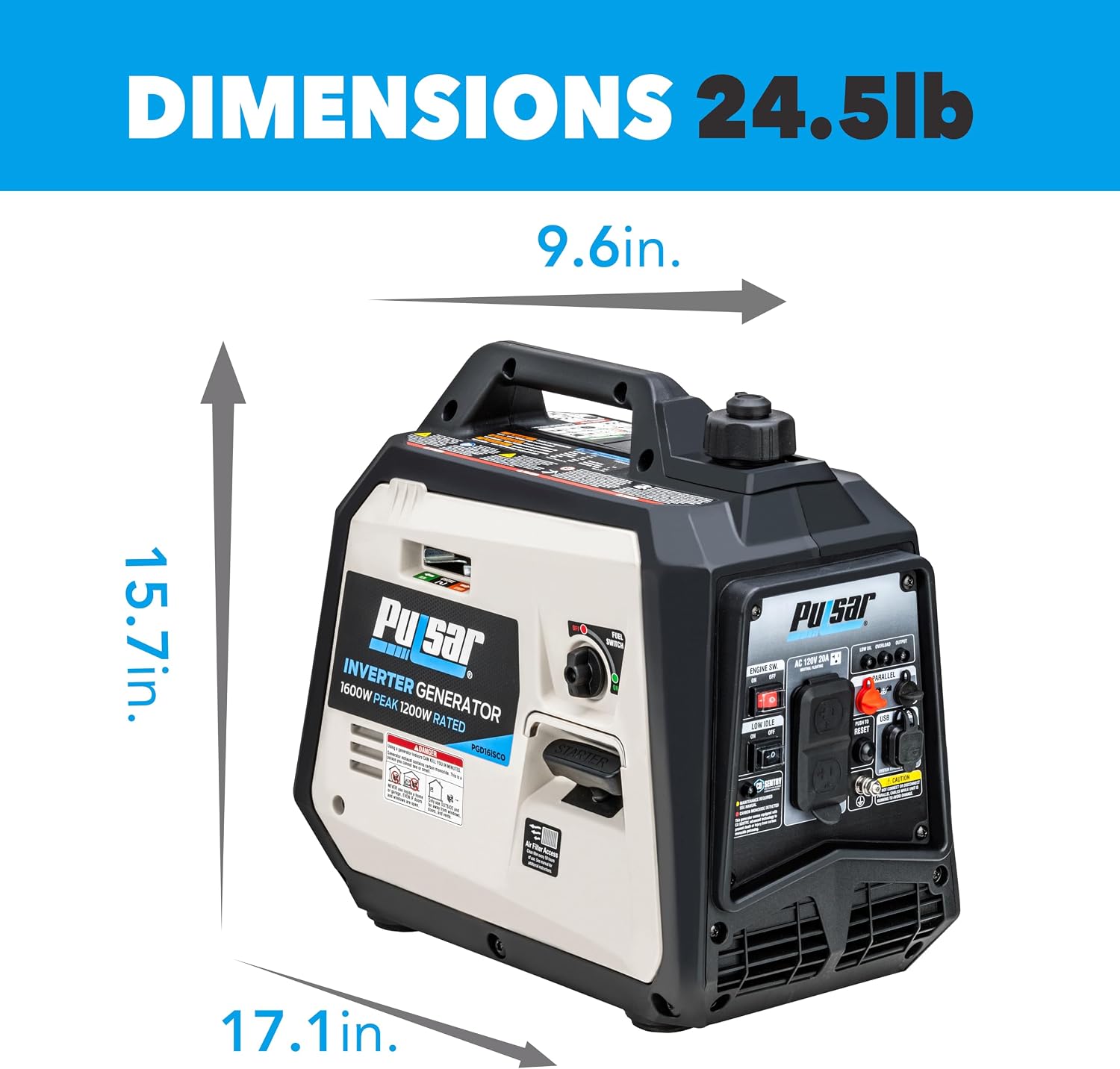 PGD16ISCO Ultra Light Quiet 1600W Portable Gas Inverter Generator, CARB Compliant | 1200 rated watts, 24 lb design