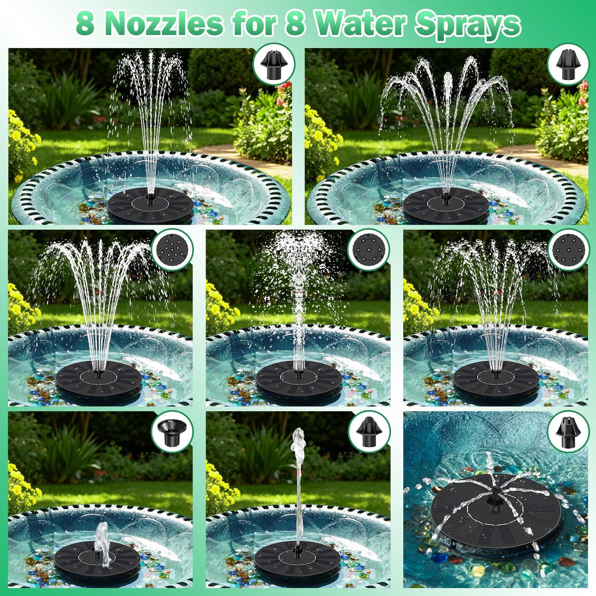 Glass Solar Bird Bath Fountain Pump, 8 Nozzles & 4 Rods, Black