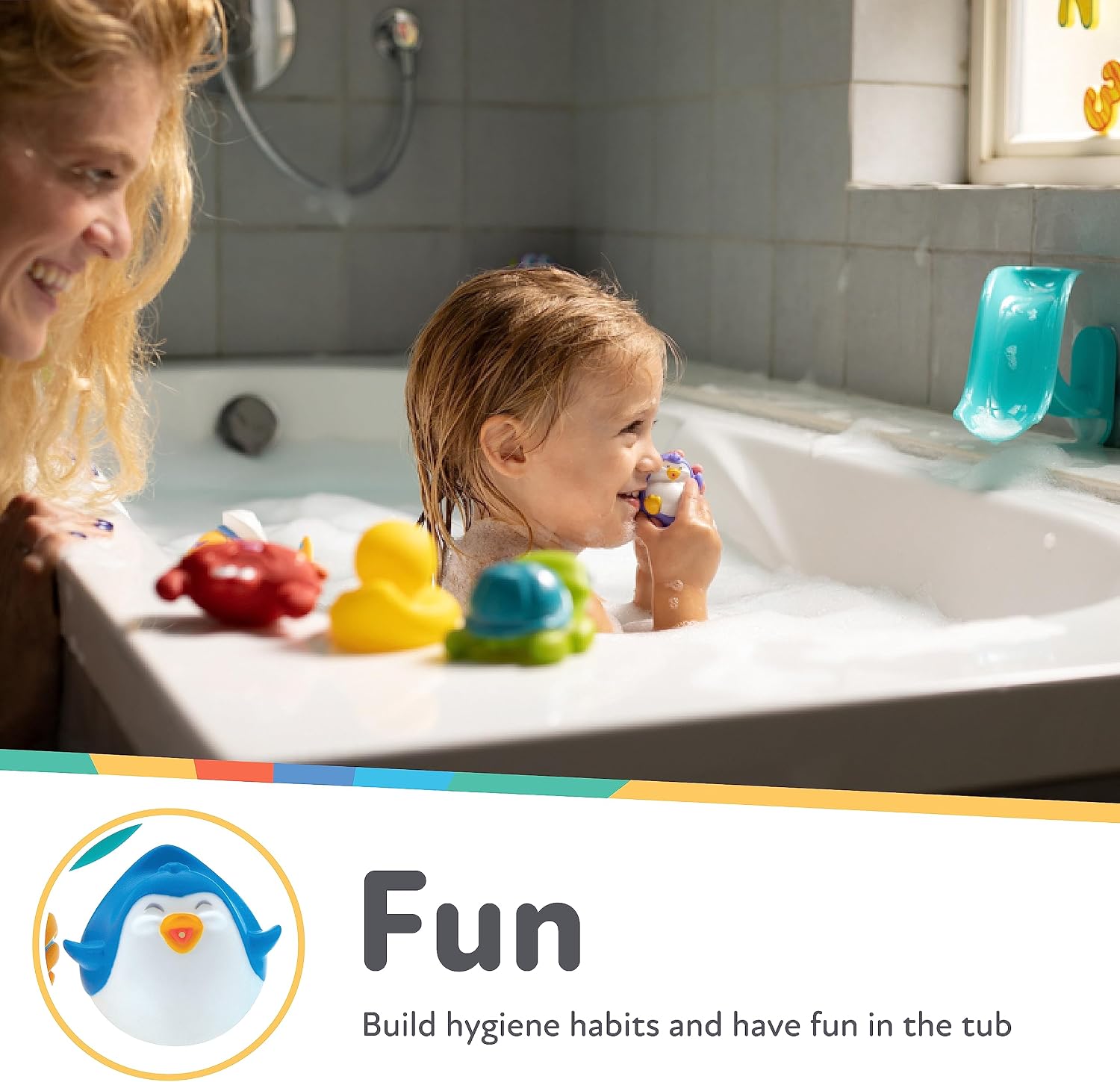 Penguin Slide Bath Toy Play Set with 4 Bath Squirters - Baby Bath Toys for Boys and Girls 12+ Months - Suction Cup