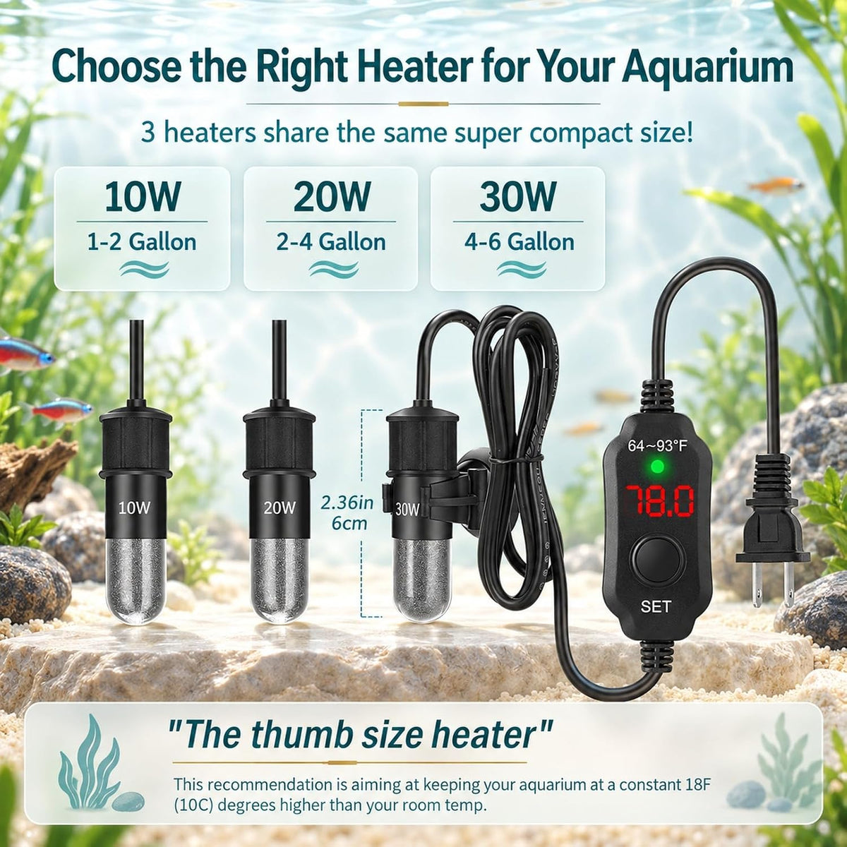 Thumb-Sized 20W Super Mini Aquarium Heater for 2-4 Gallon Small Tanks