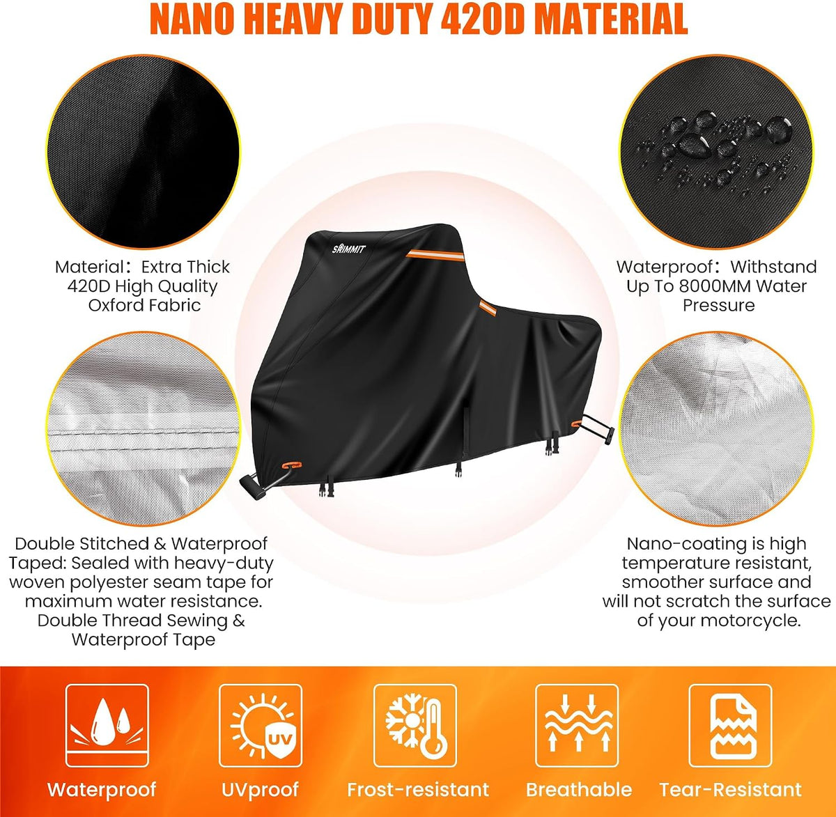 420D Motorcycle Cover Waterproof, Heavy Duty Nano Coating Rain UV,3XL