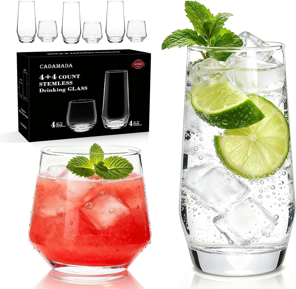 Drinking Glasses Set,4 Tall Glasses 18oz & 4 Stemless Rocks Glasses 13oz