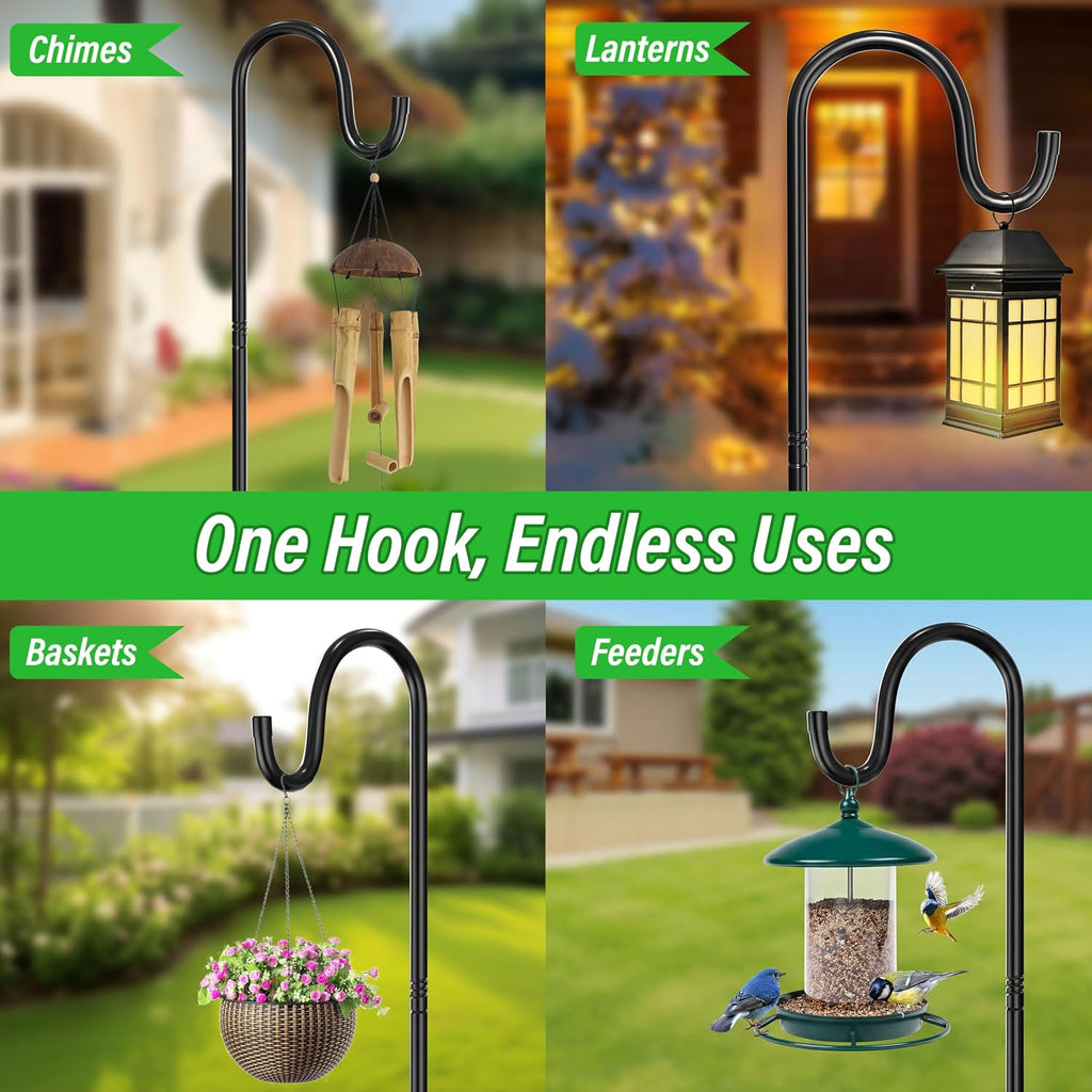 76" Adjustable Shepherd Hook for Outdoor, Heavy Duty Metal Bird Feeder Pole with 7-Prong Base, Garden Hook for