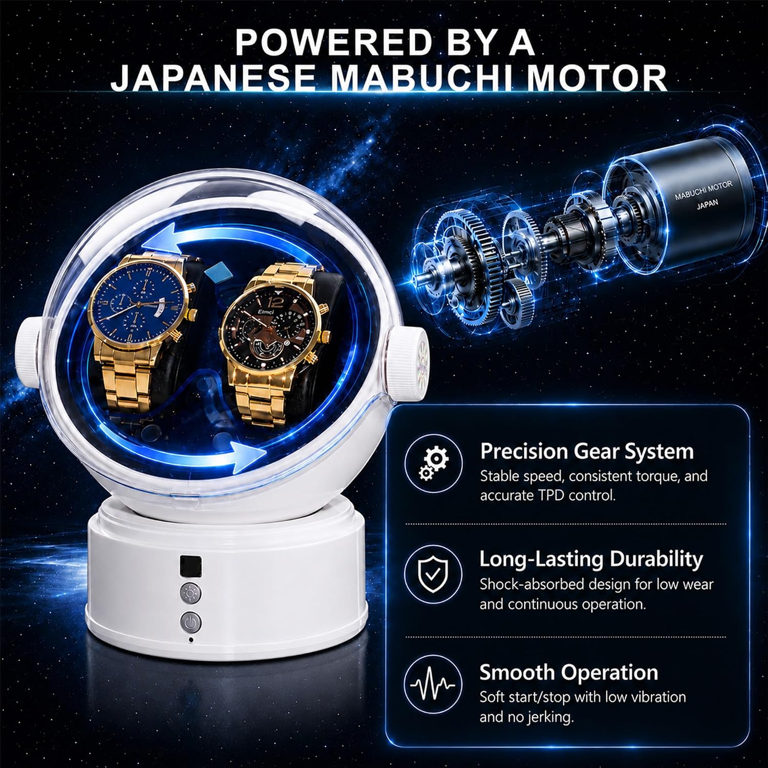 Automatic Watch Winder for Rolex and Auto Watches, Astronaut Style 2 Slots Rotating Watch Box with Blue LED &