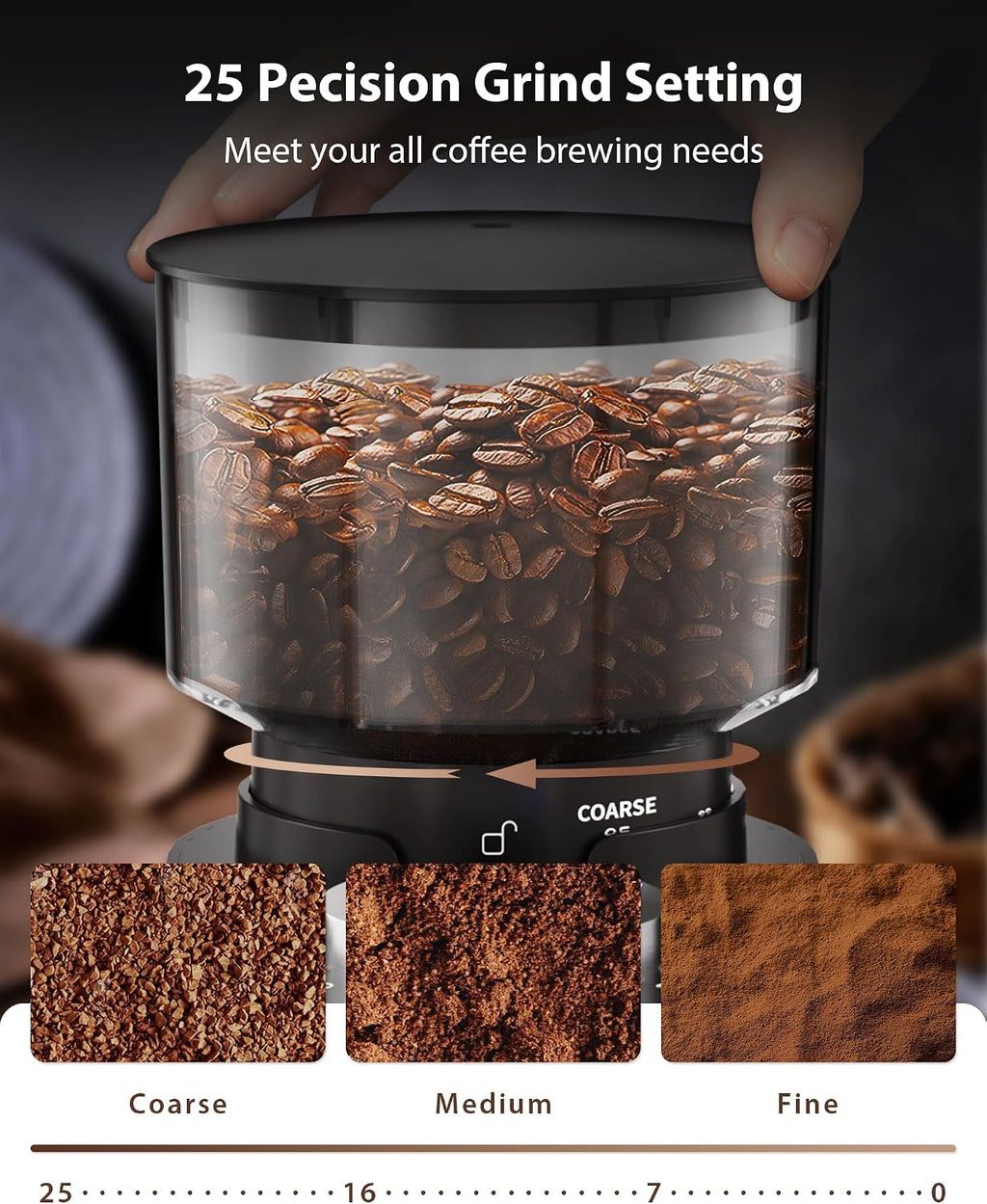 Aromaster Burr Coffee Grinder, 25 Settings, 2-12 Cups, Anti-Static, Black | Stainless Steel, Removable Burr, Brush