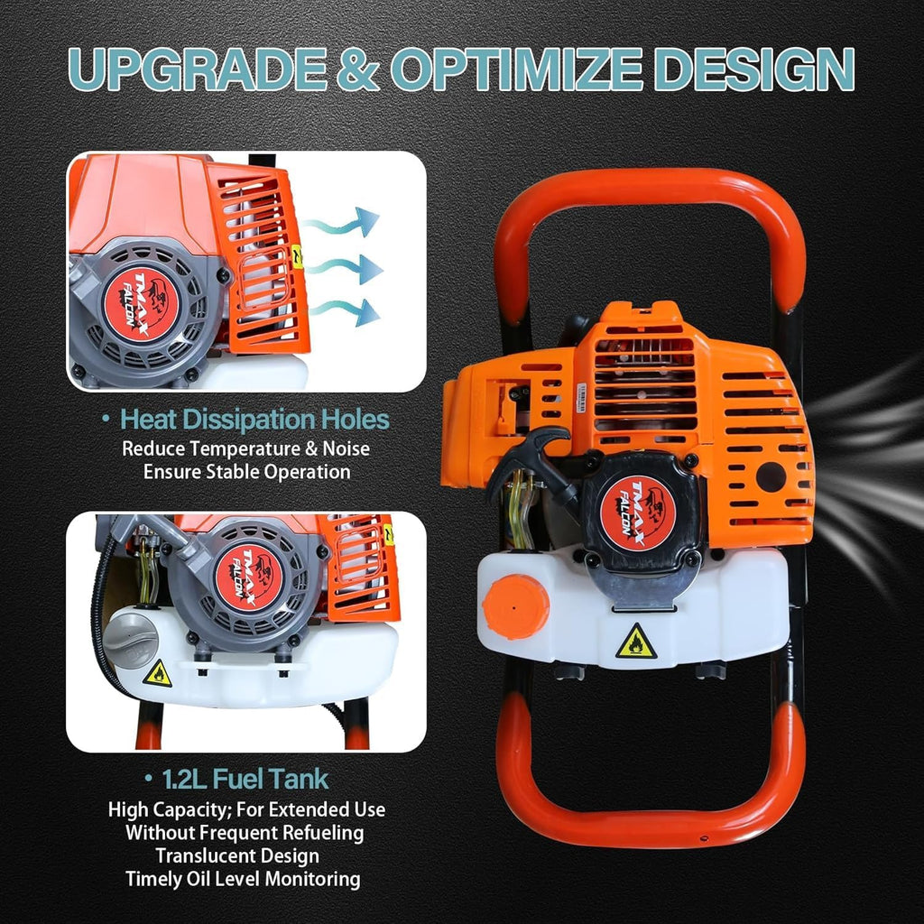 62cc Post Hole Digger Gas Powered Earth Auger Digger | 3 Drill Bit 3" & 5" & 8" and 3 Extension Rods 24" 24" 24" for