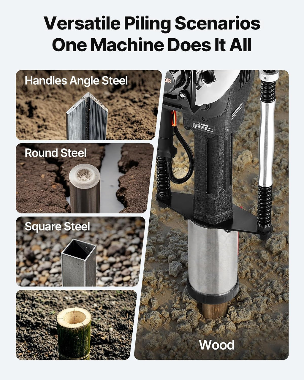 Gas Powered T Post Driver, 37.7cc 4-Stroke Engine Efficient Post Pounder with 3 Piling Sleeves, Vibration-Reducing