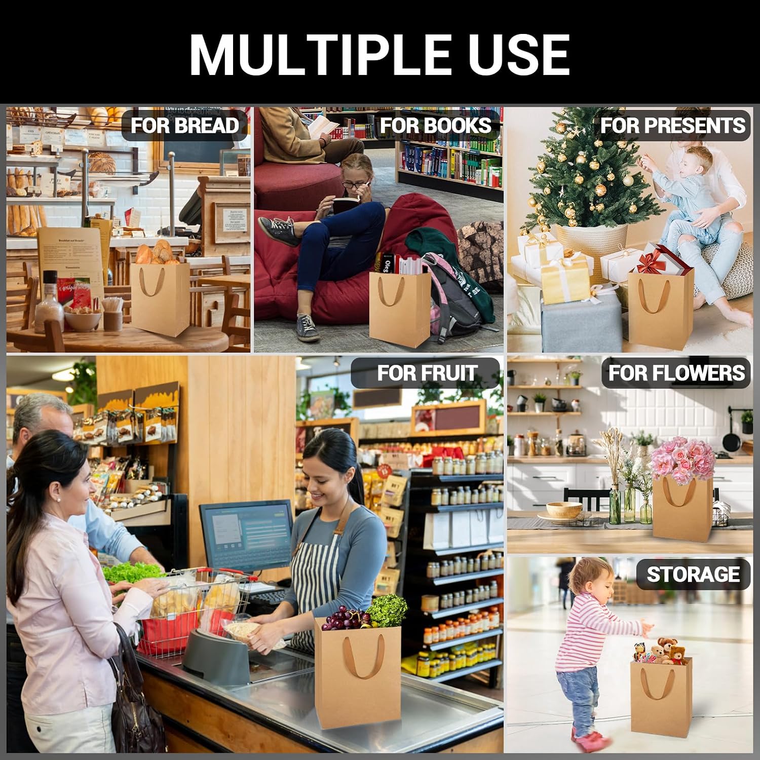 Shopping & Merchandise Bags, Medium Size 25pcs 7.8x3.9x11 inch Brown Kraft Paper Recyclable Gift Bags with Handle Bulk