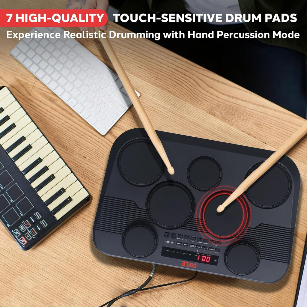 Electronic Tabletop Digital Drum Set, Compact Portable Drum Pad Kit w/ 7 Touch Sensitive Drum Pads and Pedals, 273