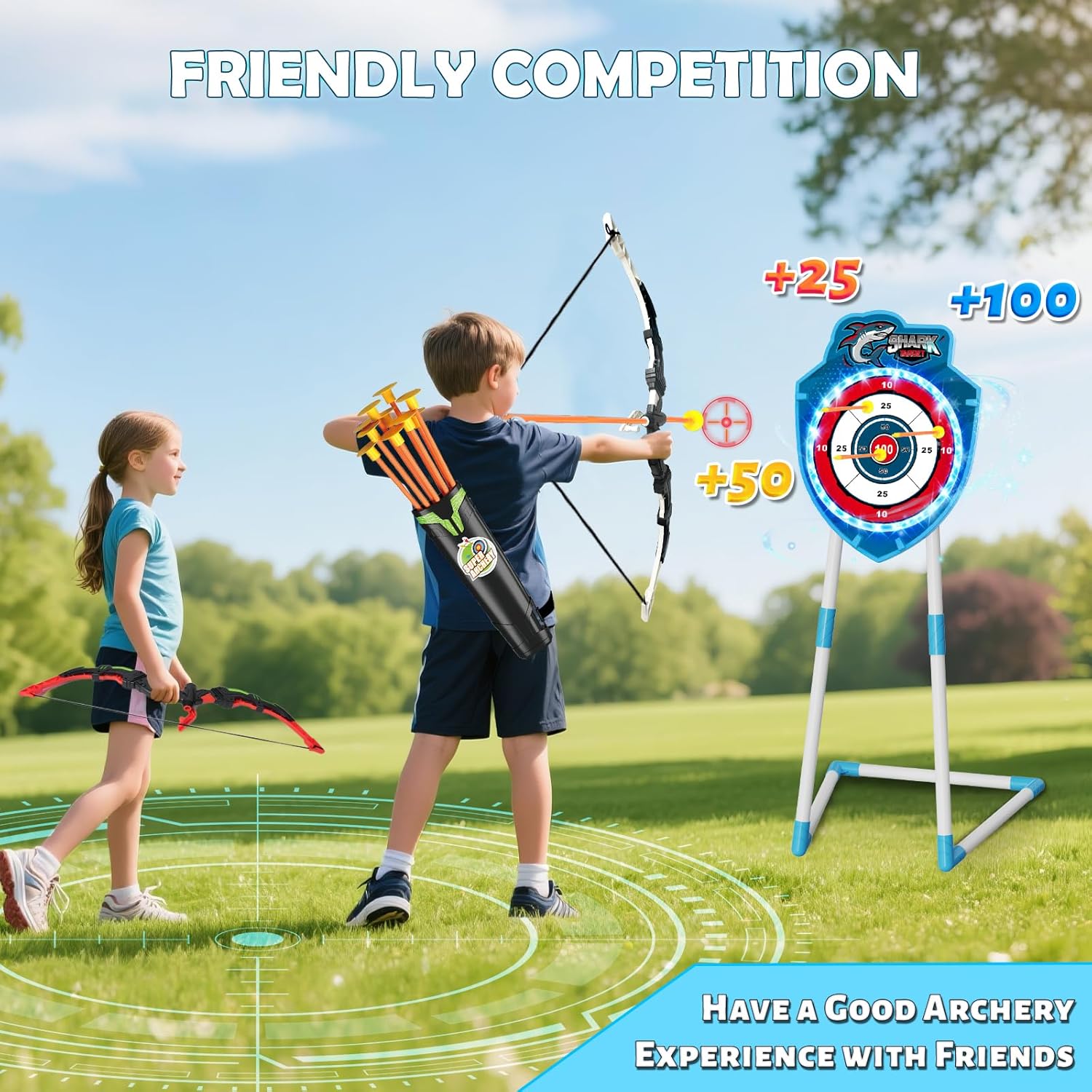 2 Pack Bow and Arrow Toy with LED Light - 4 in 1 Archery & Dart Game Set with 20 Suction Cup Arrows, Shark Glow