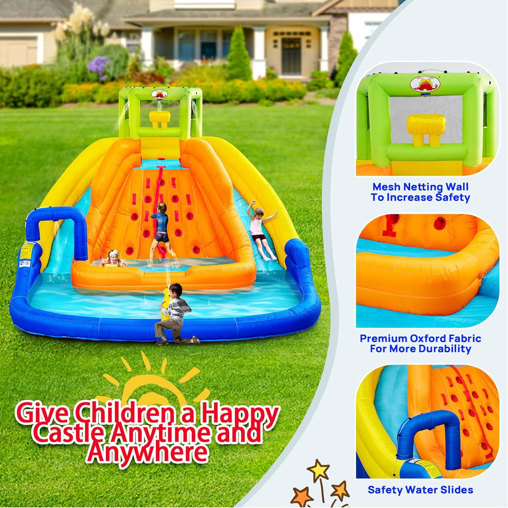 Inflatable Water Slide, Bounce House with Water Bucket, Deep Pool, Climbing Wall with Rope, Bouncy Castle with Air