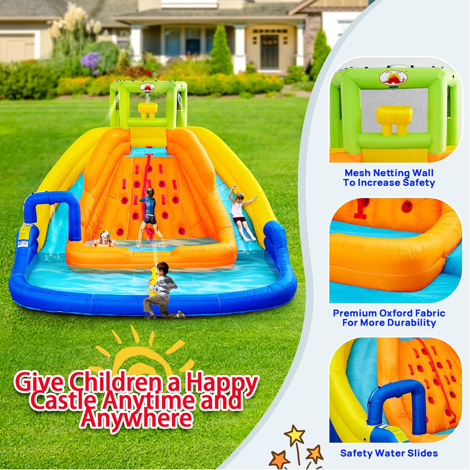 Inflatable Water Slide, Bounce House with Water Bucket, Deep Pool, Climbing Wall with Rope, Bouncy Castle with Air