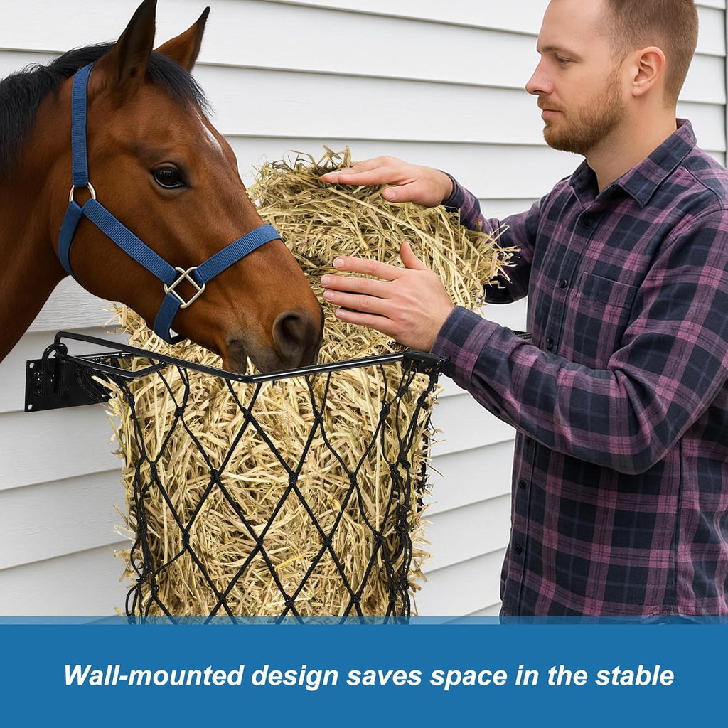 1 Set Wall Mount Hay Feeder for Horse Goats Hay Rack with Net, Black