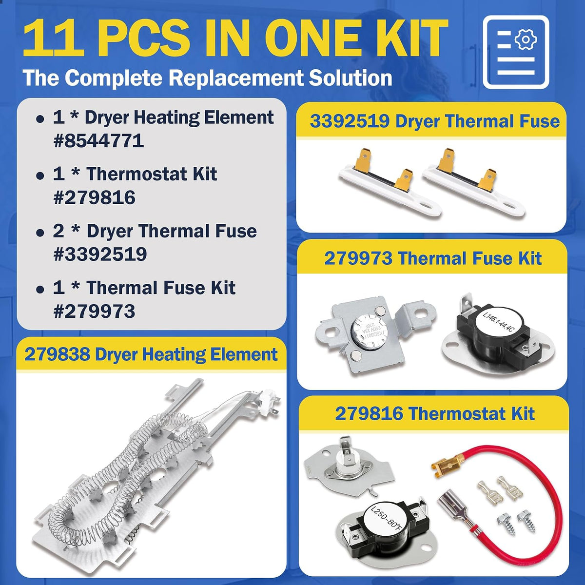 MED3000BG0 MED3000BW0 Dryer Heating Element Kit Fit for May-tag MED4000BW0 MED3500FW0 MED5500FC0 MED7100DW1 MED5500FW0 MED7000XG1 MED6000AW0 MED8200FC0 MED7000AG0 MED8000AG0 MED7000XR0 MED6000XR0