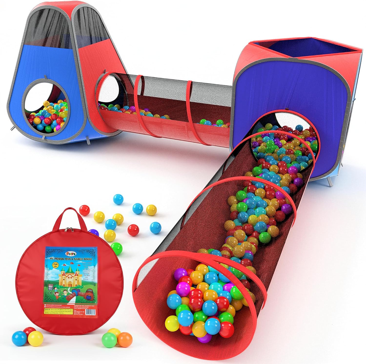 4pc Pop Up Play Tent and Tunnel Bundle for Toddlers and Kids - Indoor & Outdoor Playhouse with Storage Bag, Red & Blue