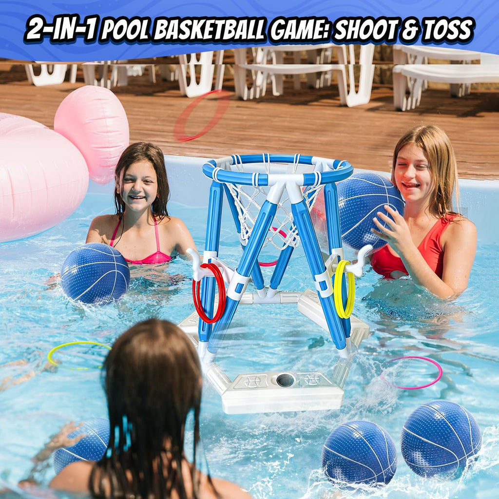 2-in-1 Pool Basketball Hoop & Ring Games, Summer Water Outdoor Party Pool Toys for Kids Ages 4-8, 8-12, Summer