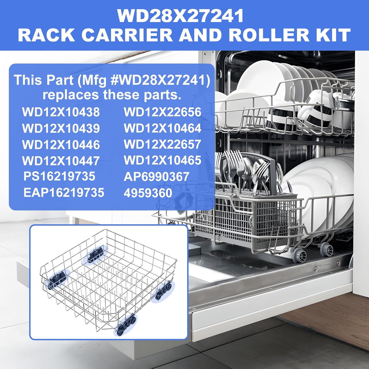 WD28X27241 GE Dishwasher Rack Carrier And Roller Kit for GE Dishwasher Lower Rack Wheels Assembly,Interchangeable With Both The Left and Right Side -Replaces WD12X10439, WD12X10446, WD12X10447-1Pack