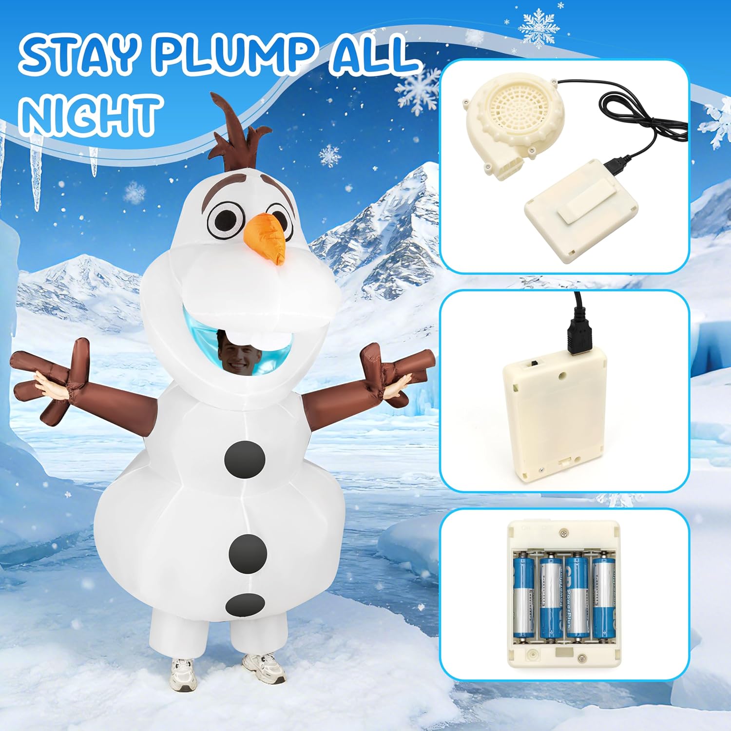 Olaf Inflatable Costume Adult, Blow Up Snowman Suit with Dual Fans, One Size Fits All Under 6.2ft, Funny Fancy Dress