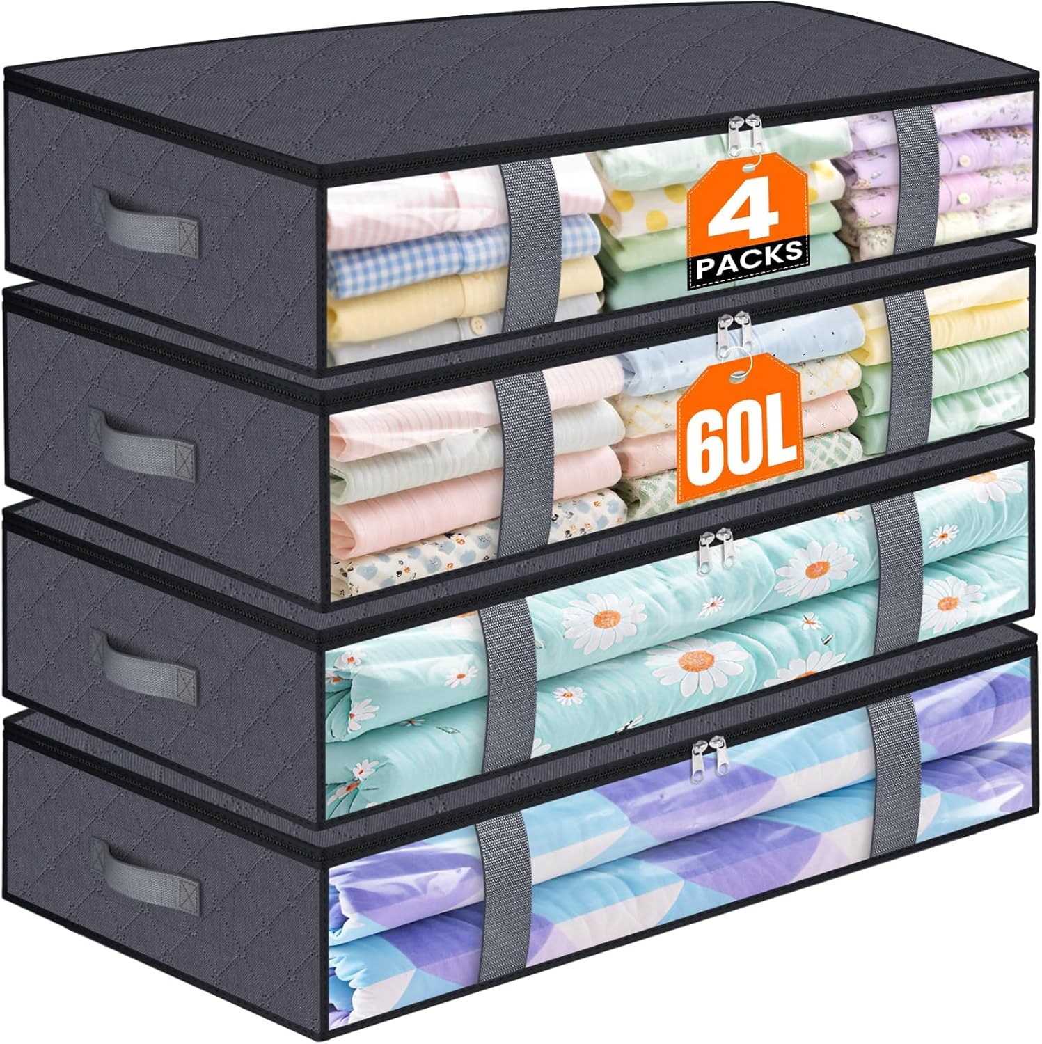 Under Bed Storage Containers, 4 Pack Blanket Storage Bags, Collapsible Storage Bags with Big Zippers, Clear Front