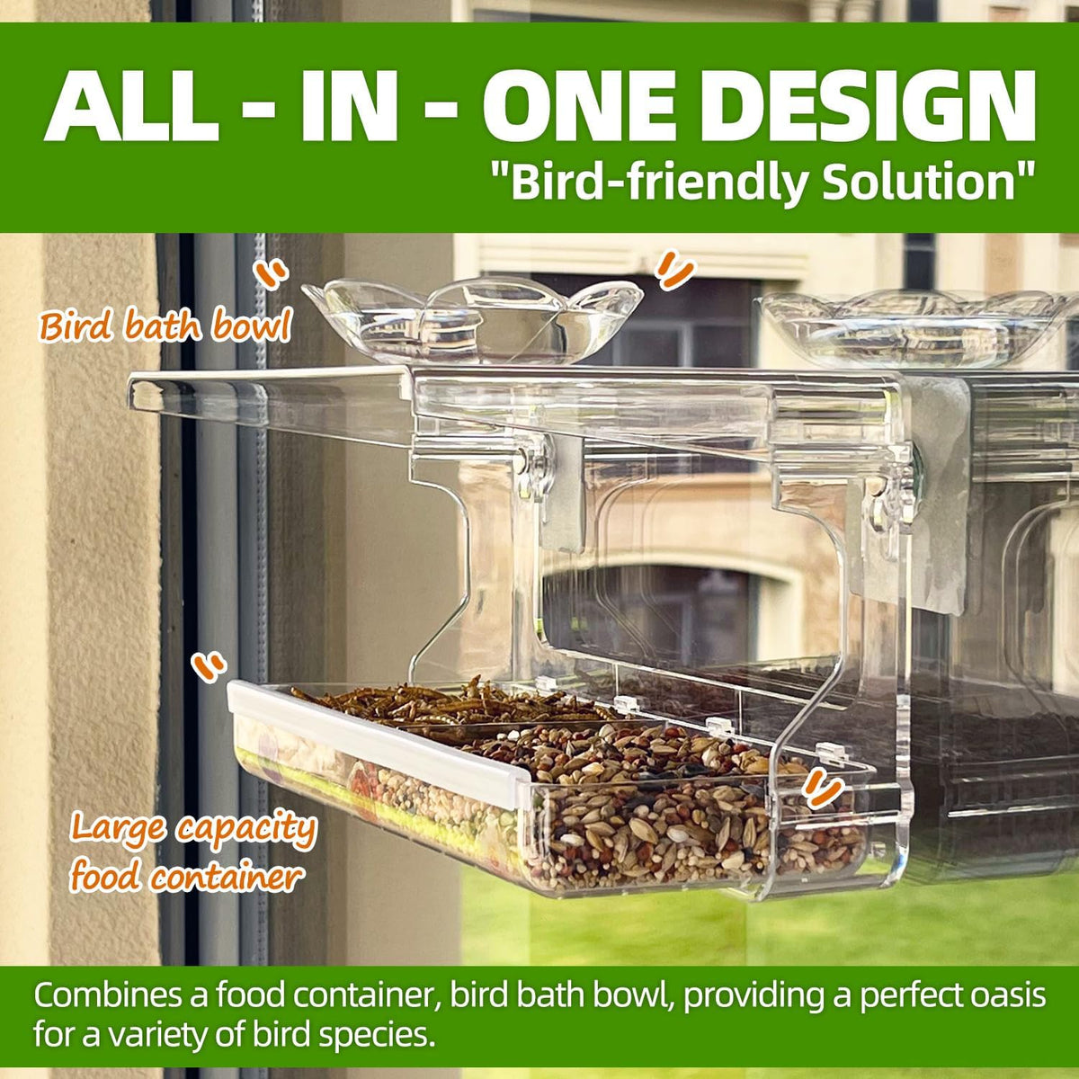 Window Bird Feeder with Non-Marking Self-Adhesive Hooks