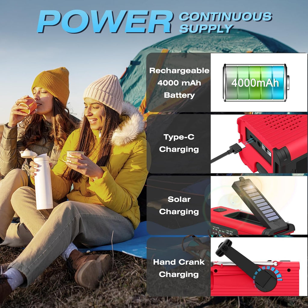 Emergency Weather Radio, 4000mAh NOAA Weather Radio Solar Charging | Hand Crank Radio & USB Charged, Radios Portable