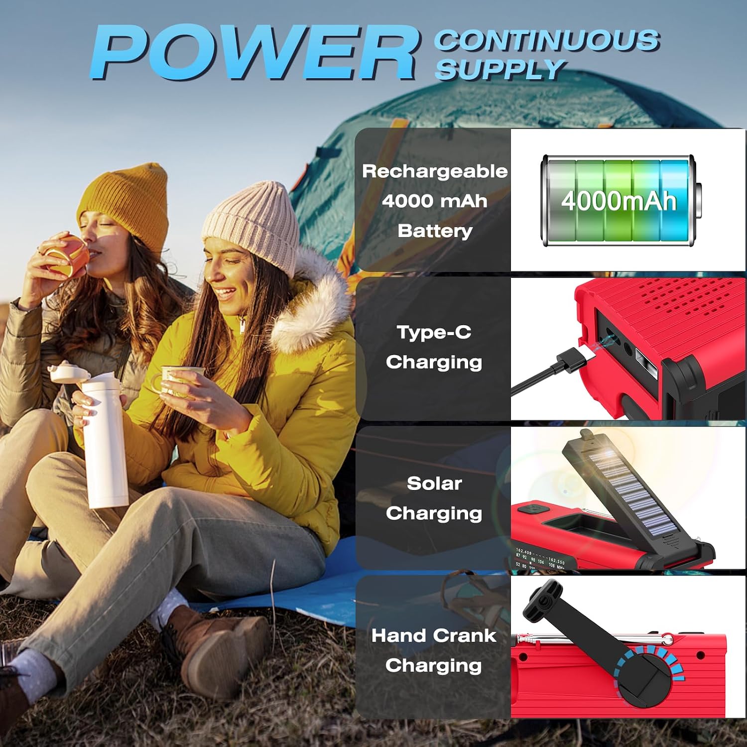 Emergency Weather Radio, 4000mAh NOAA Weather Radio Solar Charging | Hand Crank Radio & USB Charged, Radios Portable